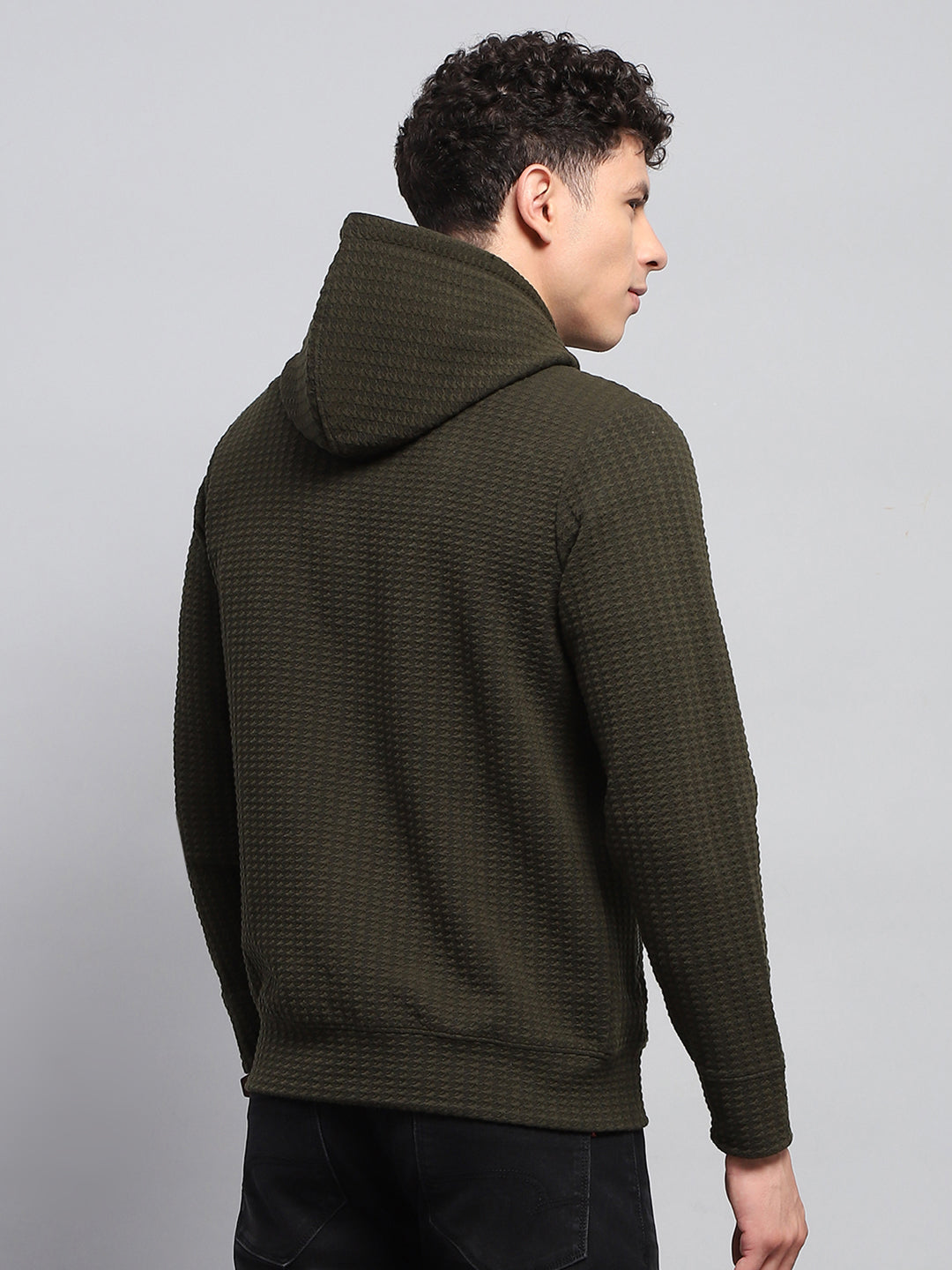 Rock.it Men Olive Self Design Hooded Full Sleeve Sweatshirt