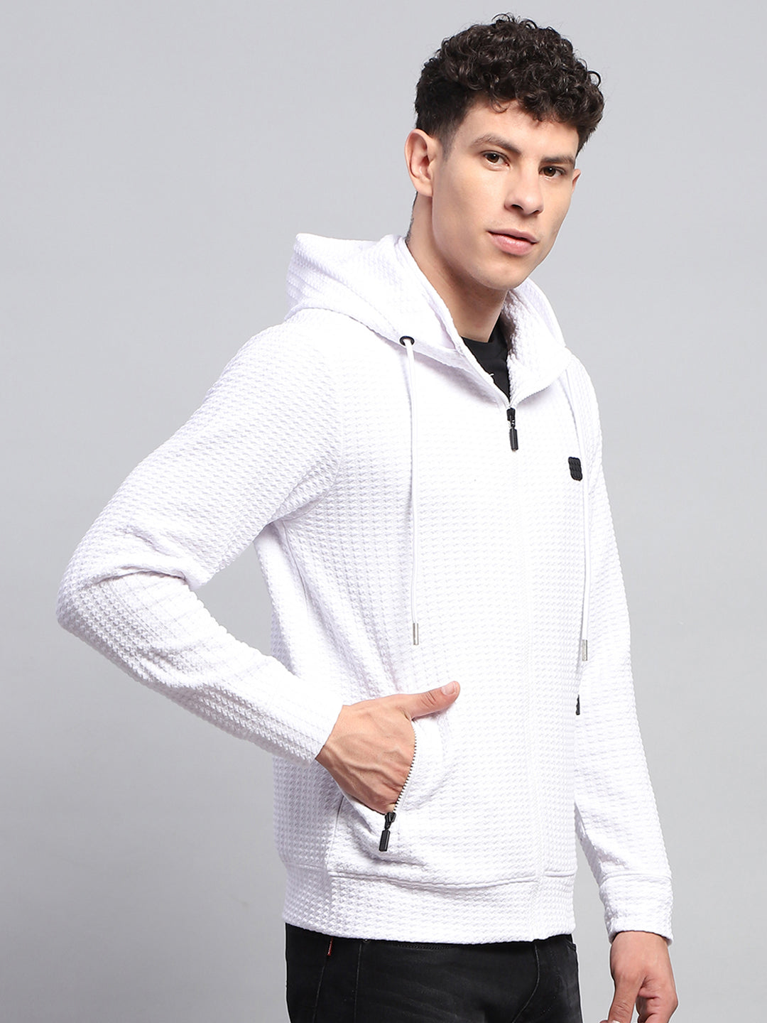 Rock.it Men White Self Design Hooded Full Sleeve Sweatshirt