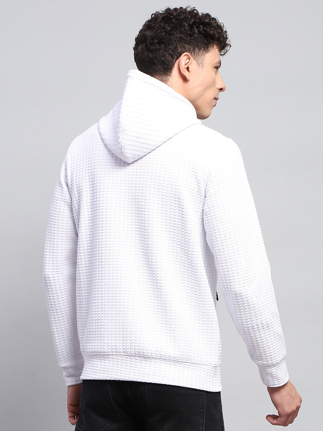 Rock.it Men White Self Design Hooded Full Sleeve Sweatshirt