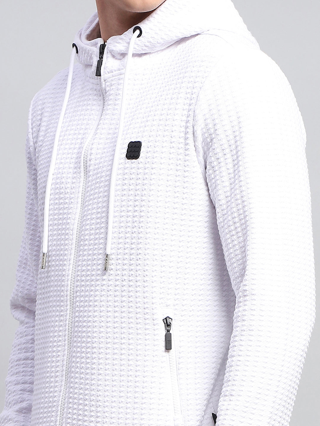 Rock.it Men White Self Design Hooded Full Sleeve Sweatshirt