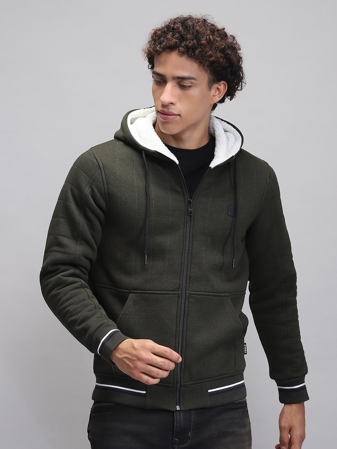Rock.it Men Olive Solid Hooded Full Sleeve Sweatshirt