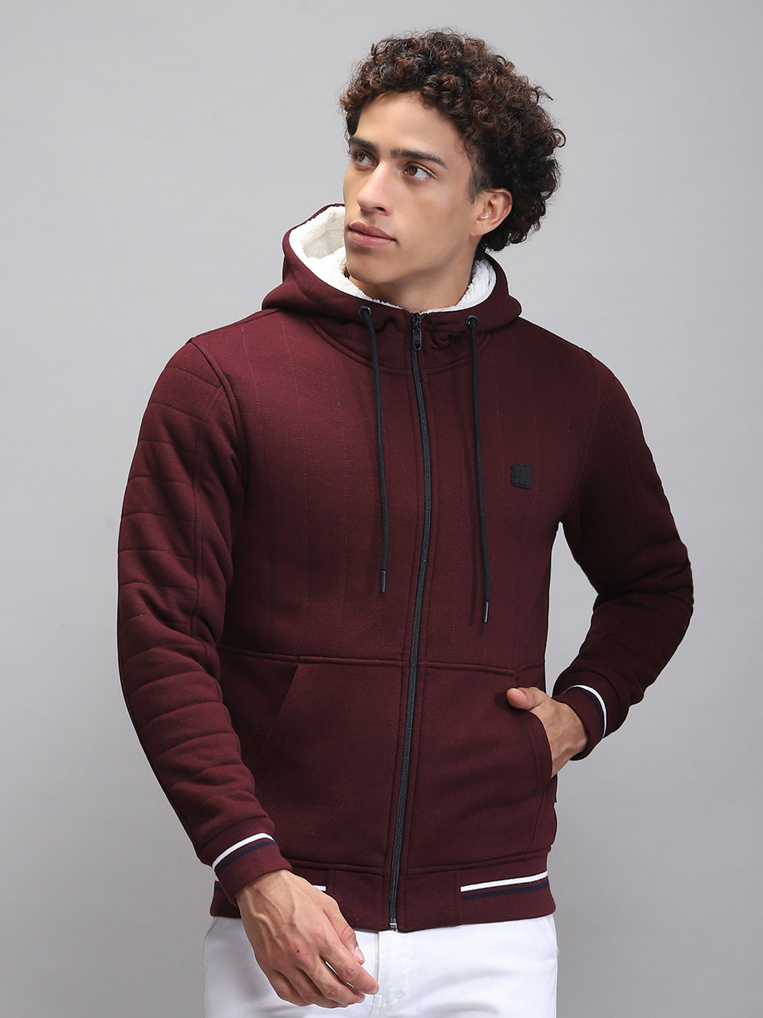 Rock.it Men Maroon Solid Hooded Full Sleeve Sweatshirt
