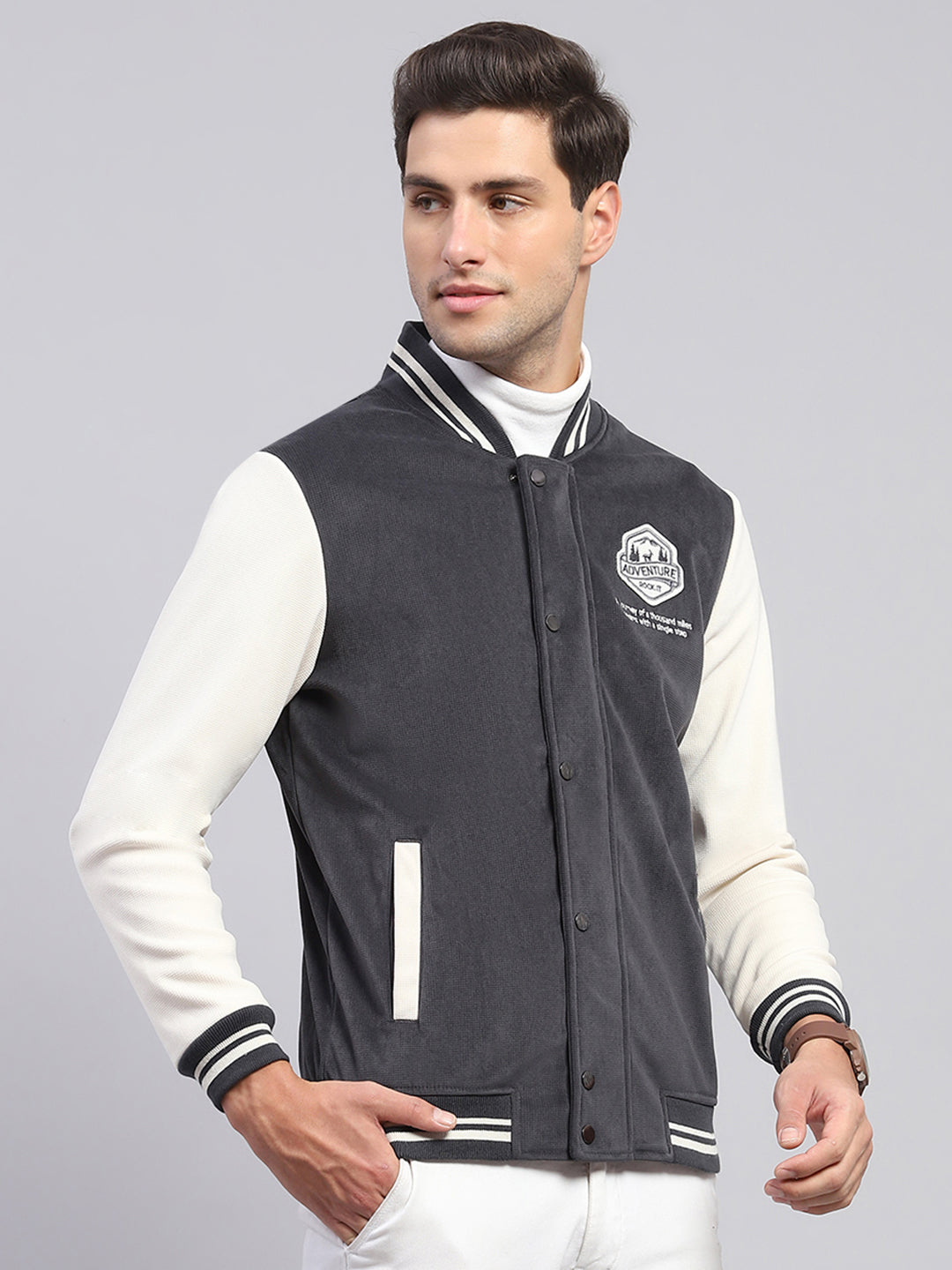 Rock.it Men Charcoal Self Design Band Collar Full Sleeve Sweatshirt