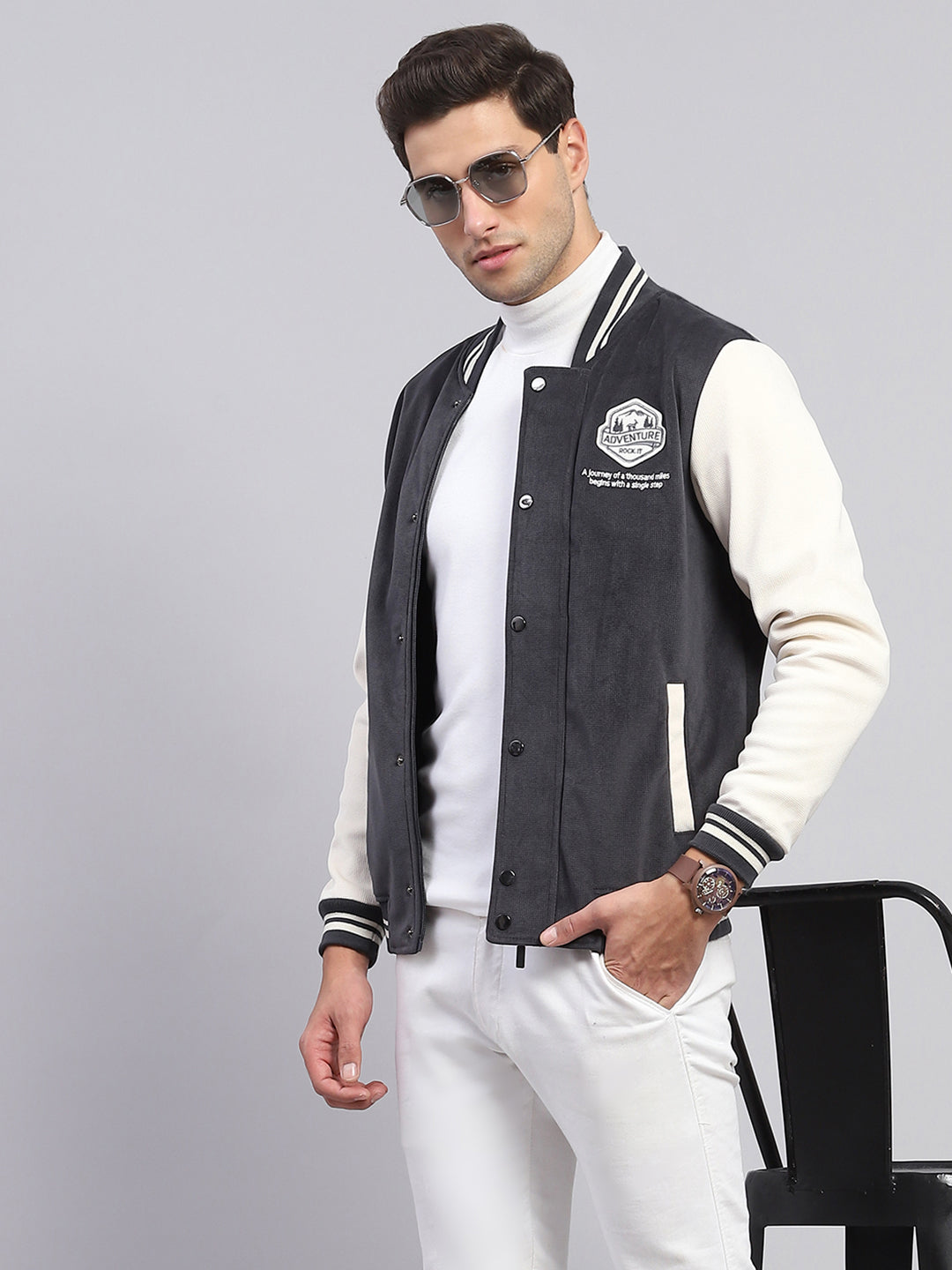 Rock.it Men Charcoal Self Design Band Collar Full Sleeve Sweatshirt