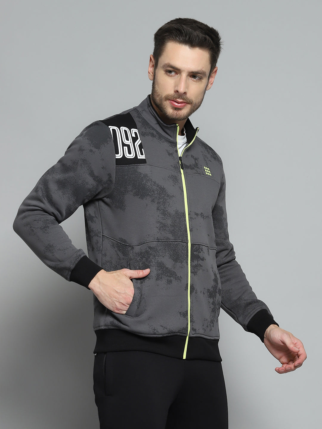 Rock.it Men Grey Printed Mock Neck Full Sleeve Sweatshirt