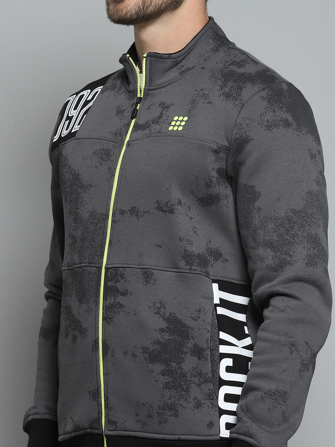 Rock.it Men Grey Printed Mock Neck Full Sleeve Sweatshirt