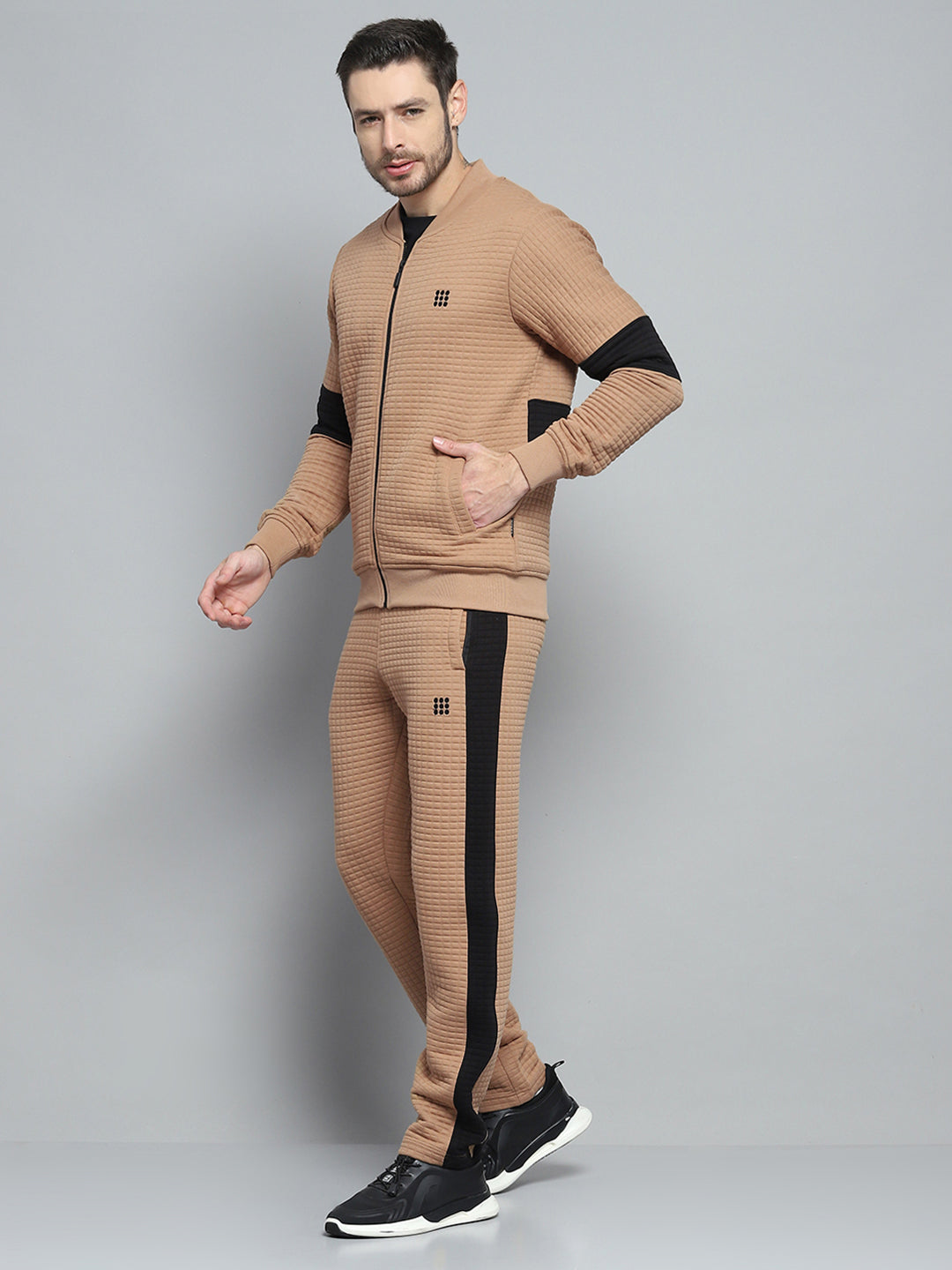 Rock.it Men Khaki Printed Round Neck Full Sleeve Winter Tracksuit