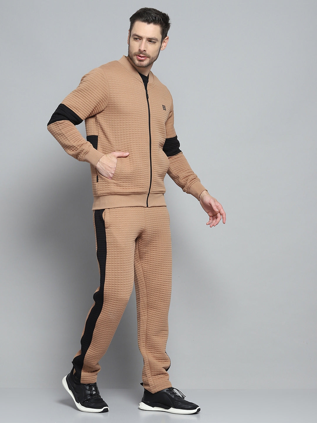 Rock.it Men Khaki Printed Round Neck Full Sleeve Winter Tracksuit