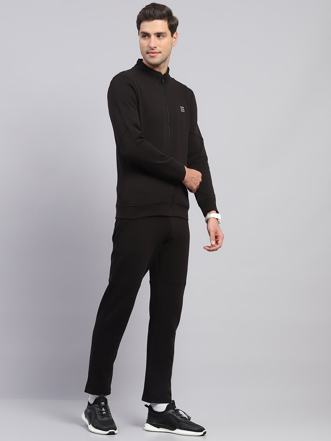 Rock.it Men Black Solid Round Neck Full Sleeve Winter Tracksuit