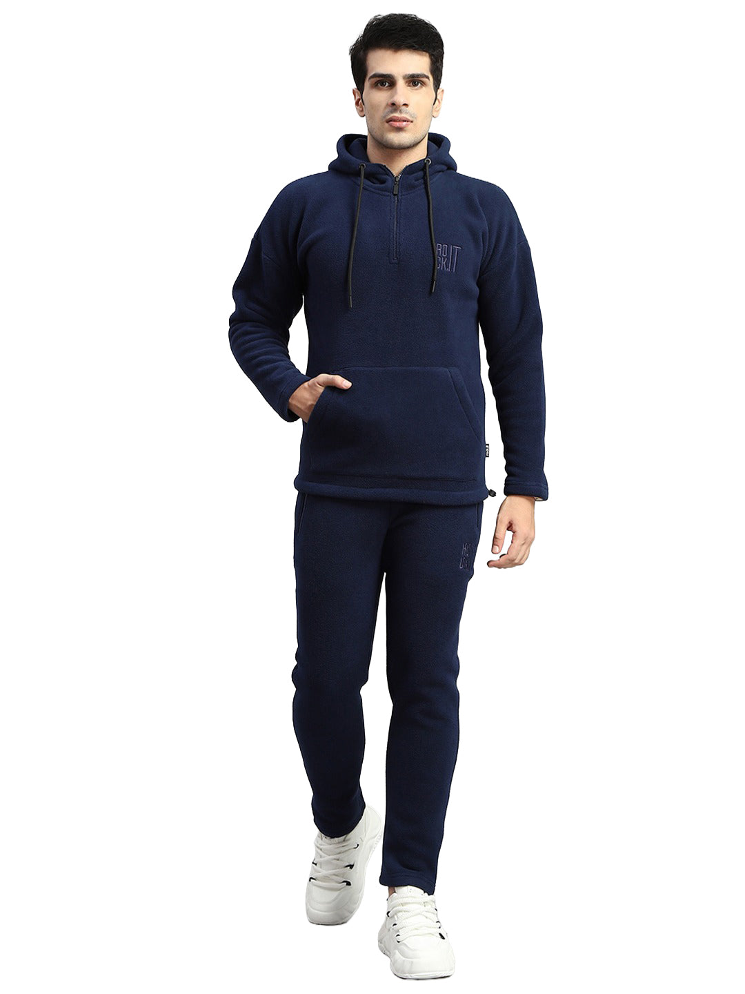 Rock.it Men Navy Blue Solid Round Neck Full Sleeve Winter Tracksuit