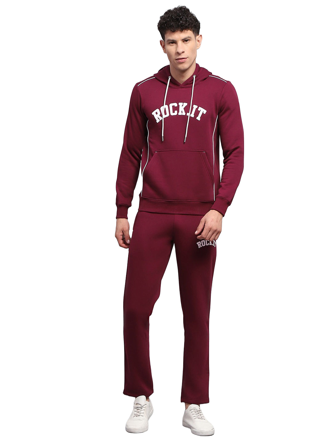 Rock.it Men Maroon Printed Round Neck Full Sleeve Winter Tracksuit