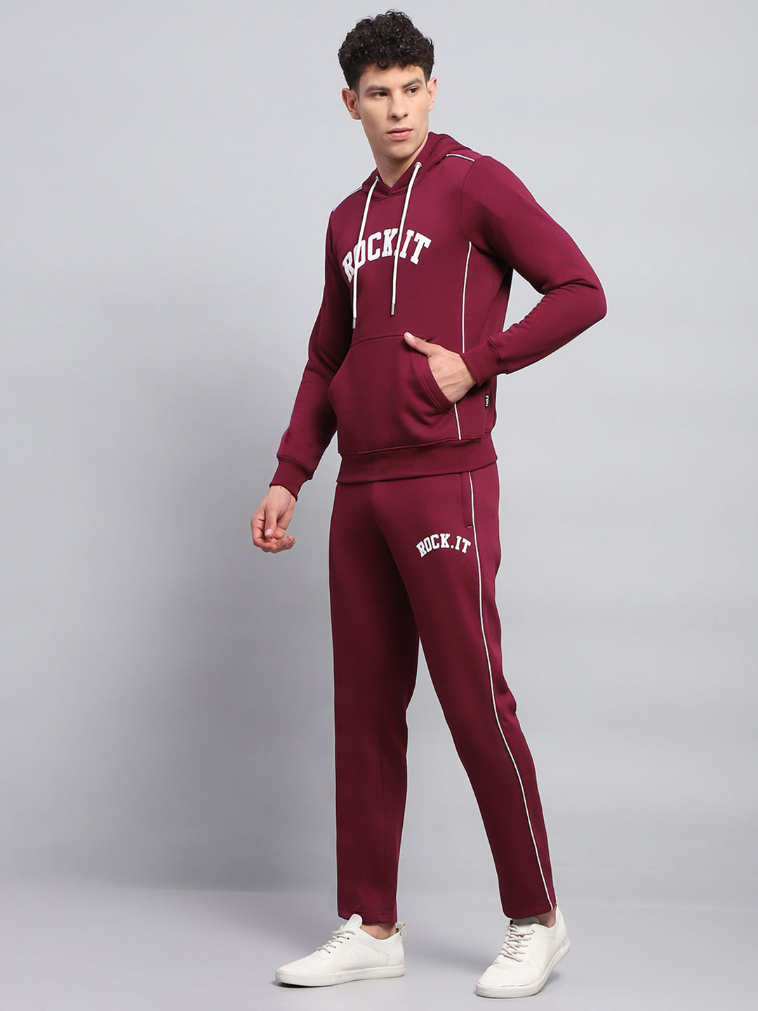 Rock.it Men Maroon Printed Round Neck Full Sleeve Winter Tracksuit