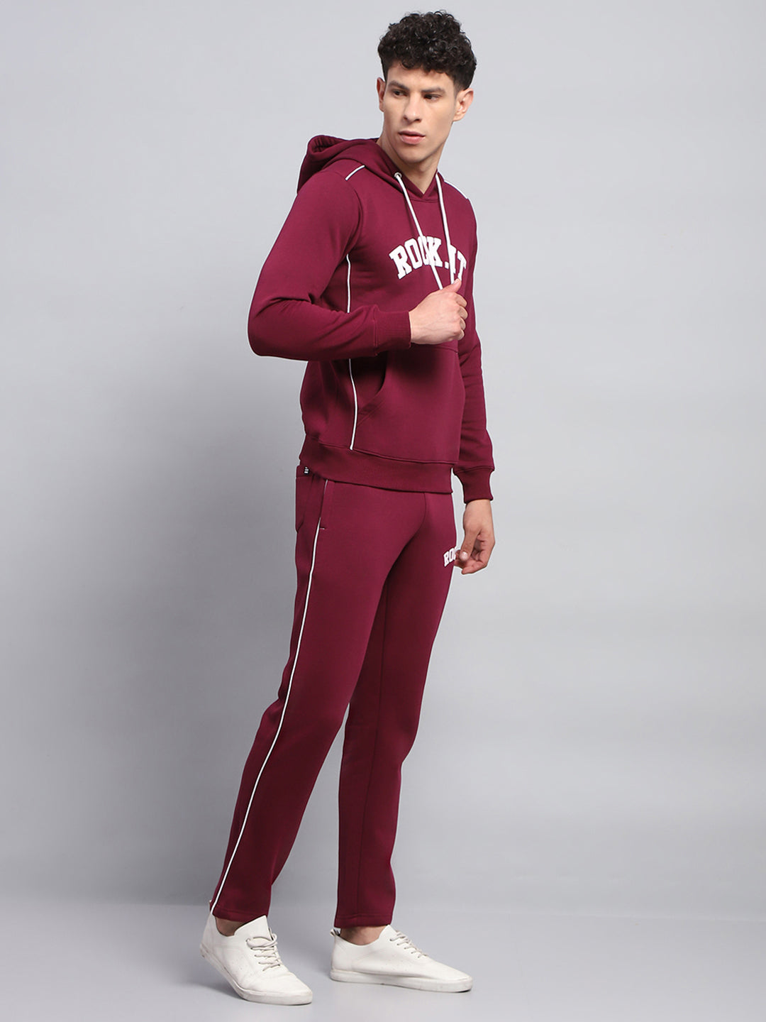 Rock.it Men Maroon Printed Round Neck Full Sleeve Winter Tracksuit