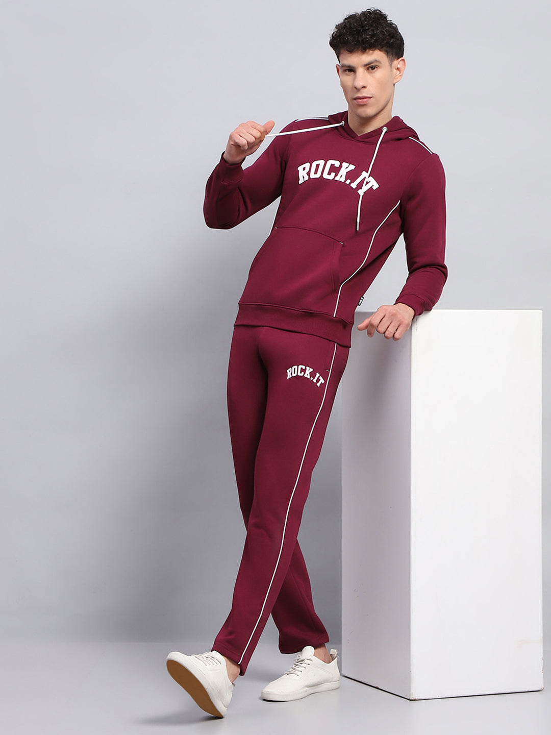 Rock.it Men Maroon Printed Round Neck Full Sleeve Winter Tracksuit