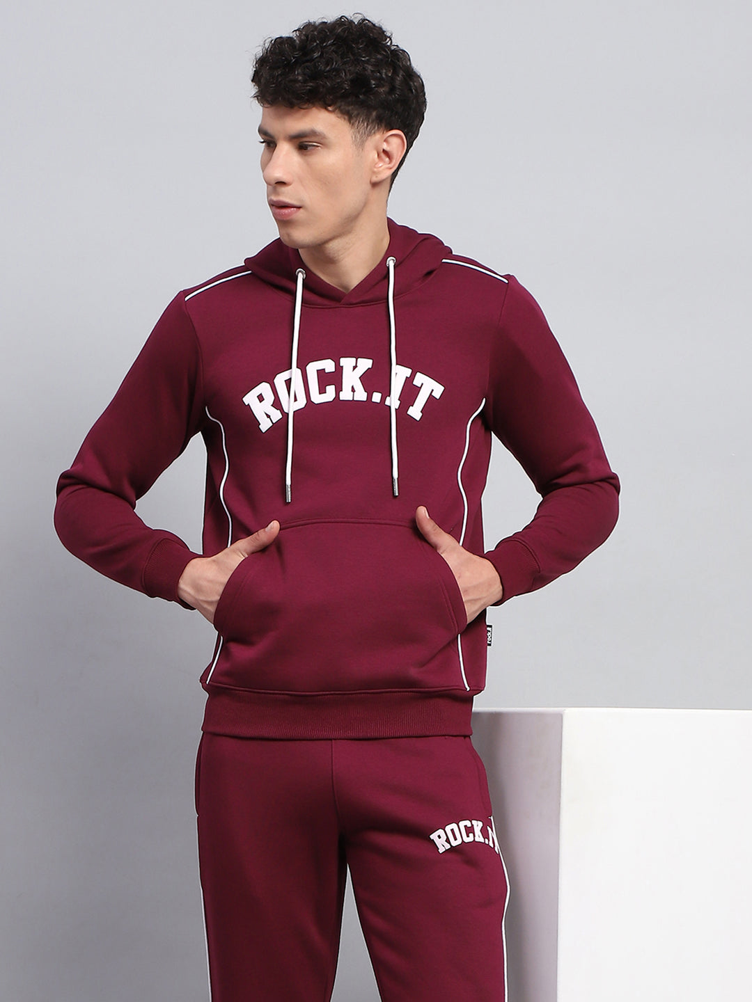 Rock.it Men Maroon Printed Round Neck Full Sleeve Winter Tracksuit