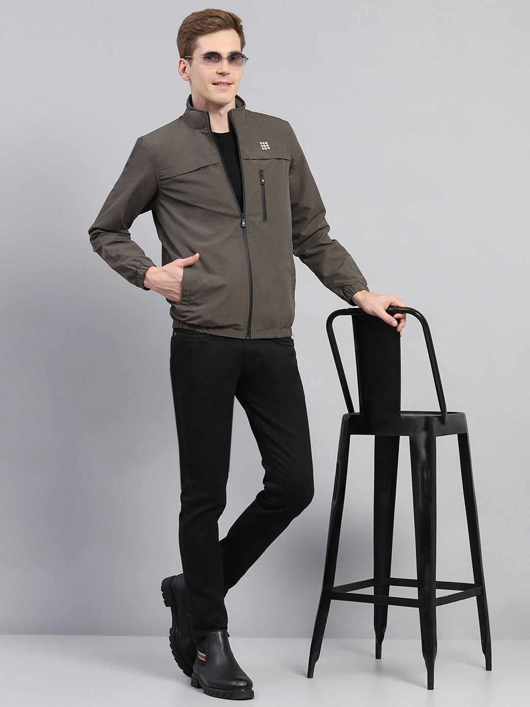 Rock.it Men Olive Solid Mock Neck Full Sleeve Jacket