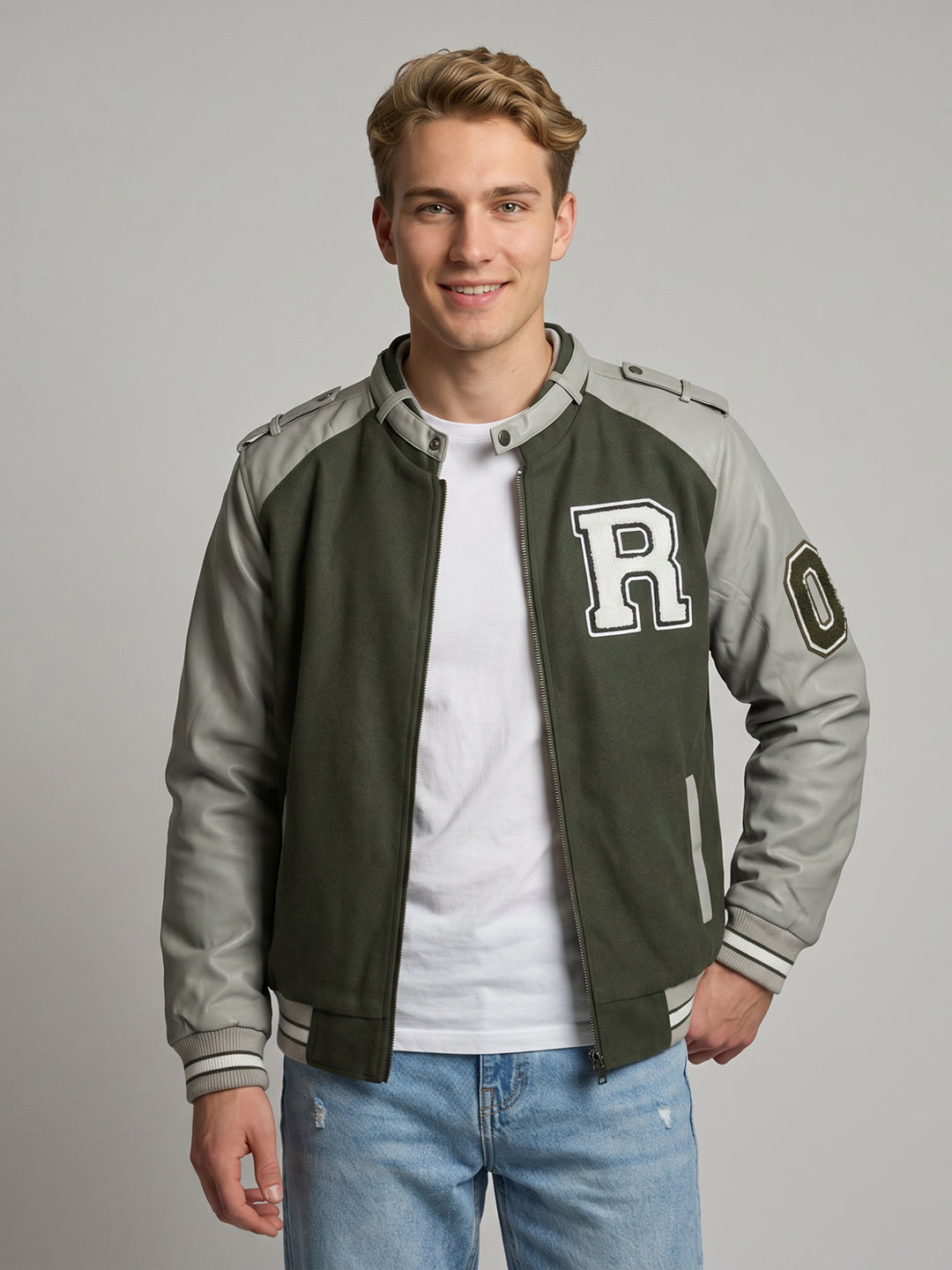 Rock.it Men Olive Self Design Stand Collar Full Sleeve Bomber Jacket