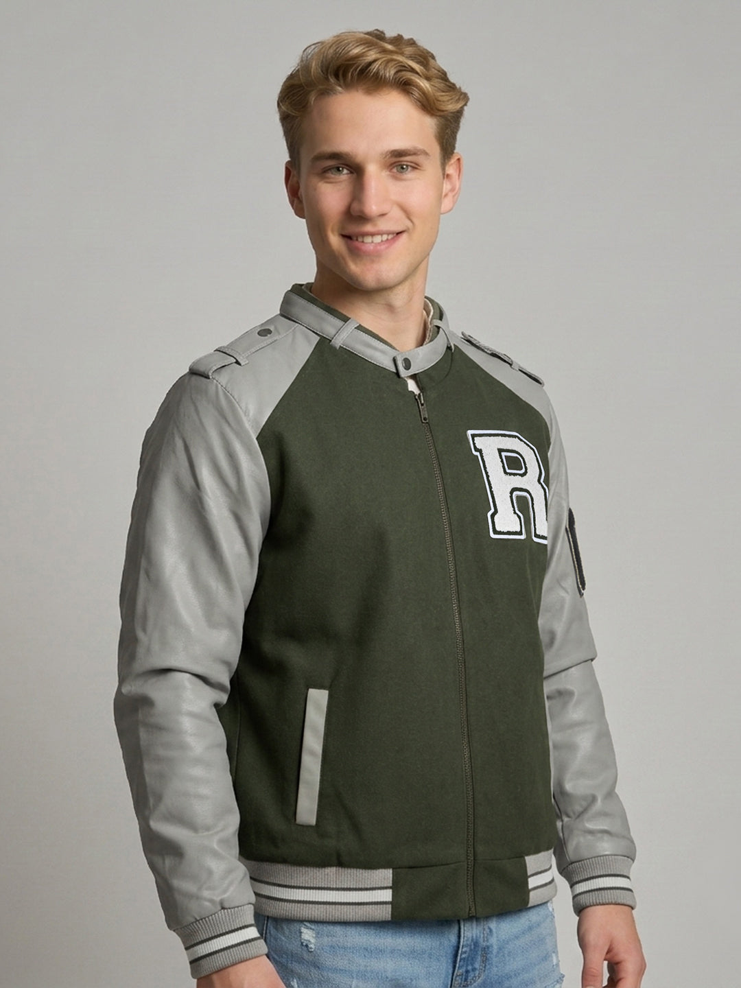 Rock.it Men Olive Self Design Stand Collar Full Sleeve Bomber Jacket