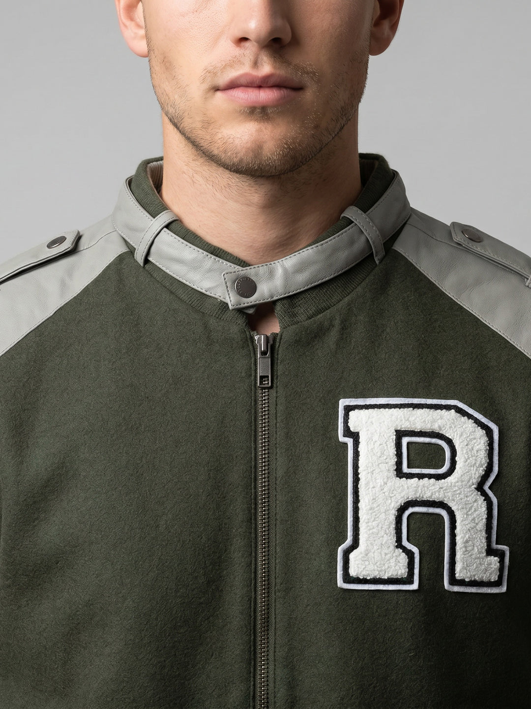 Rock.it Men Olive Self Design Stand Collar Full Sleeve Bomber Jacket