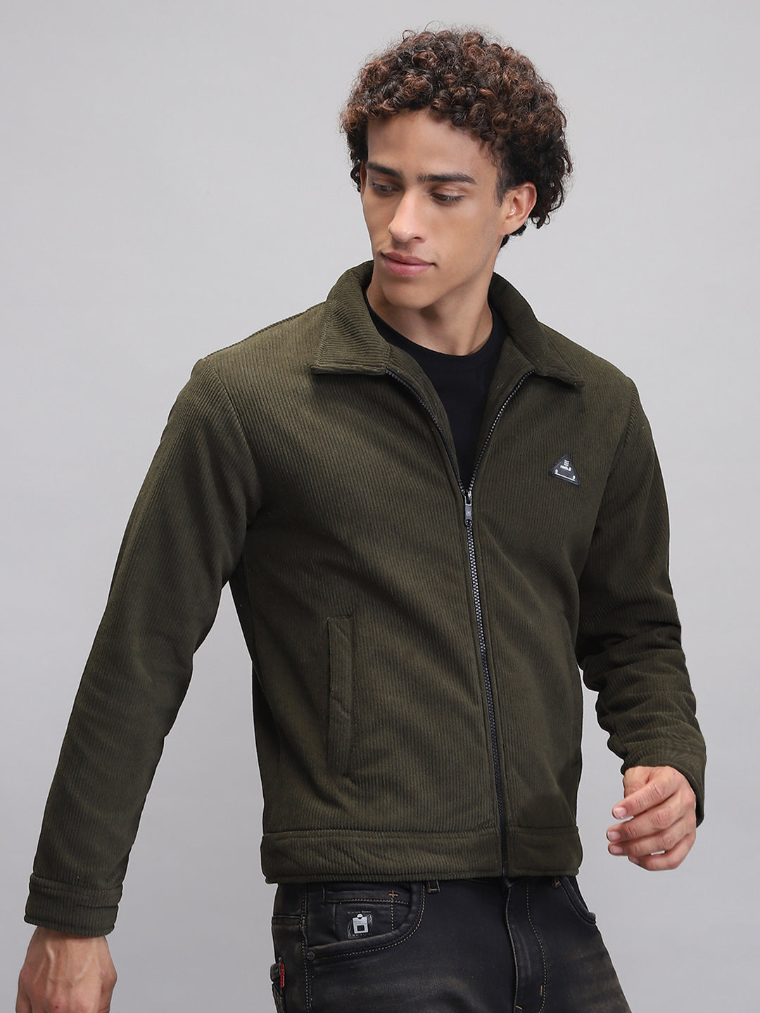 Rock.it Men Olive Solid Collar Full Sleeve Knitted Jacket