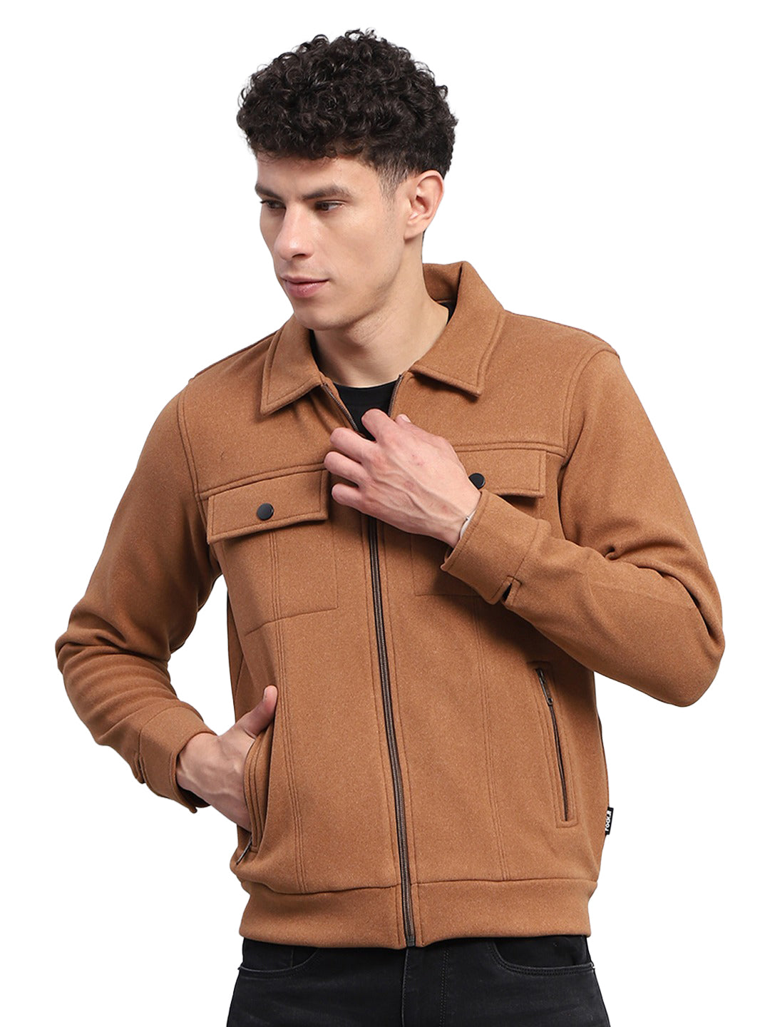 Rock.it Men Camel Brown Solid Collar Full Sleeve Knitted Jacket