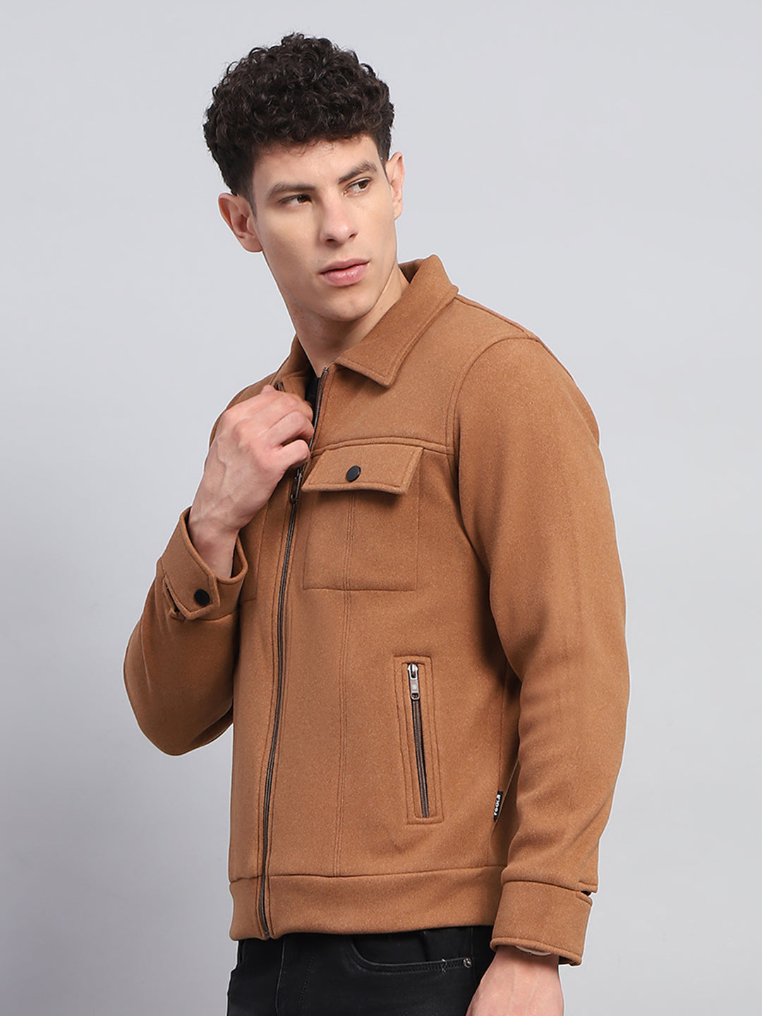 Rock.it Men Camel Brown Solid Collar Full Sleeve Knitted Jacket