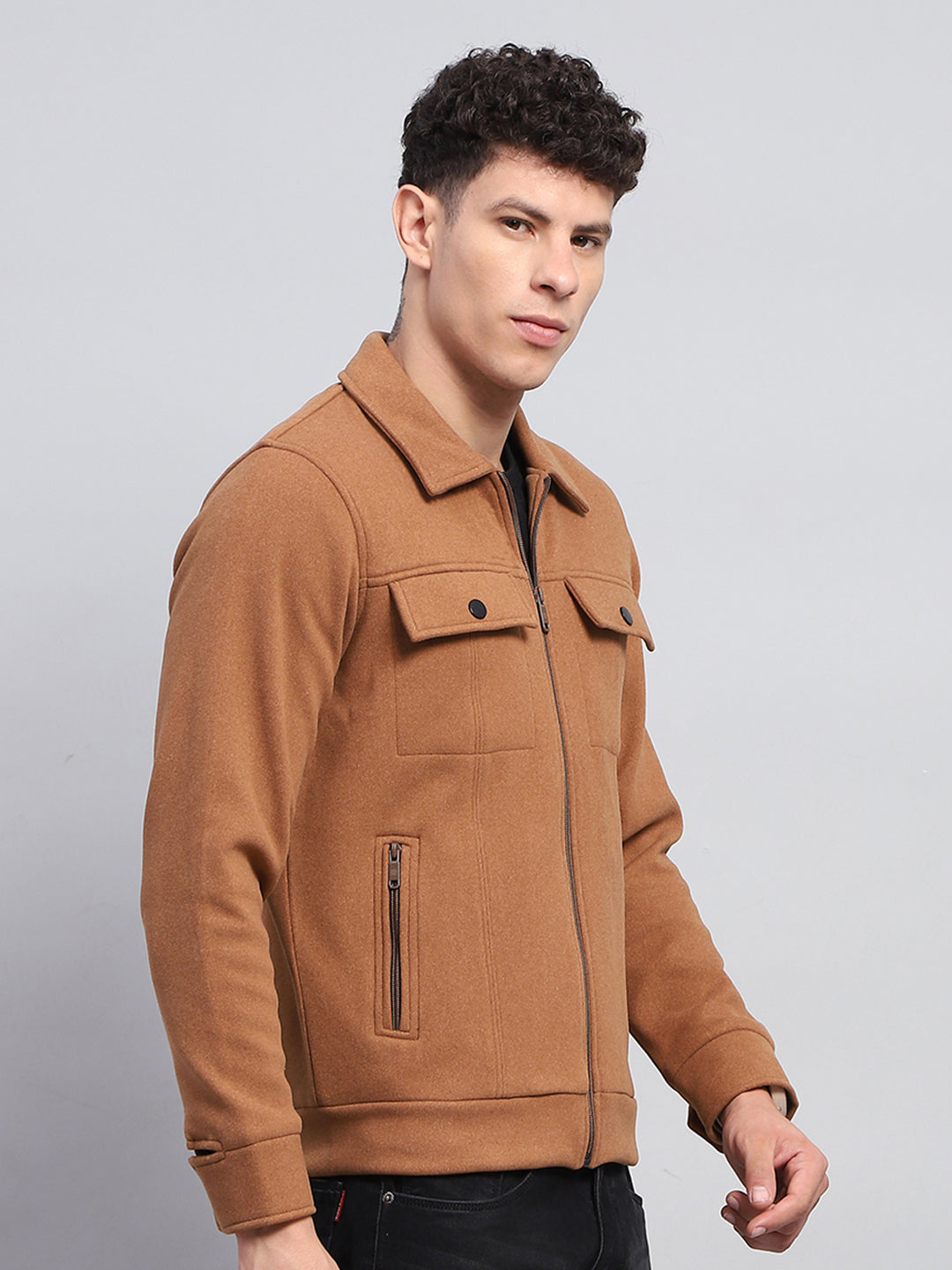 Rock.it Men Camel Brown Solid Collar Full Sleeve Knitted Jacket