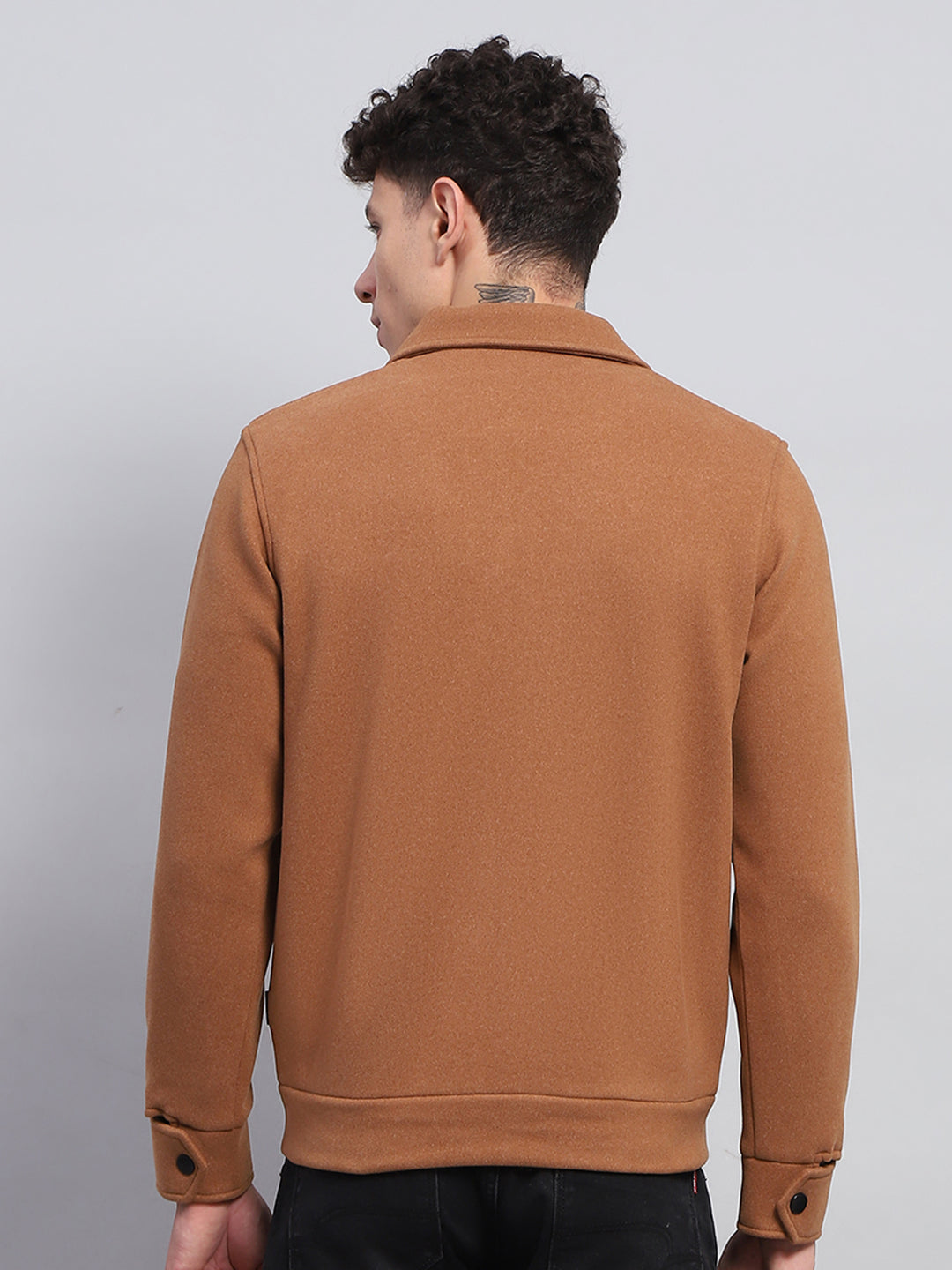 Rock.it Men Camel Brown Solid Collar Full Sleeve Knitted Jacket