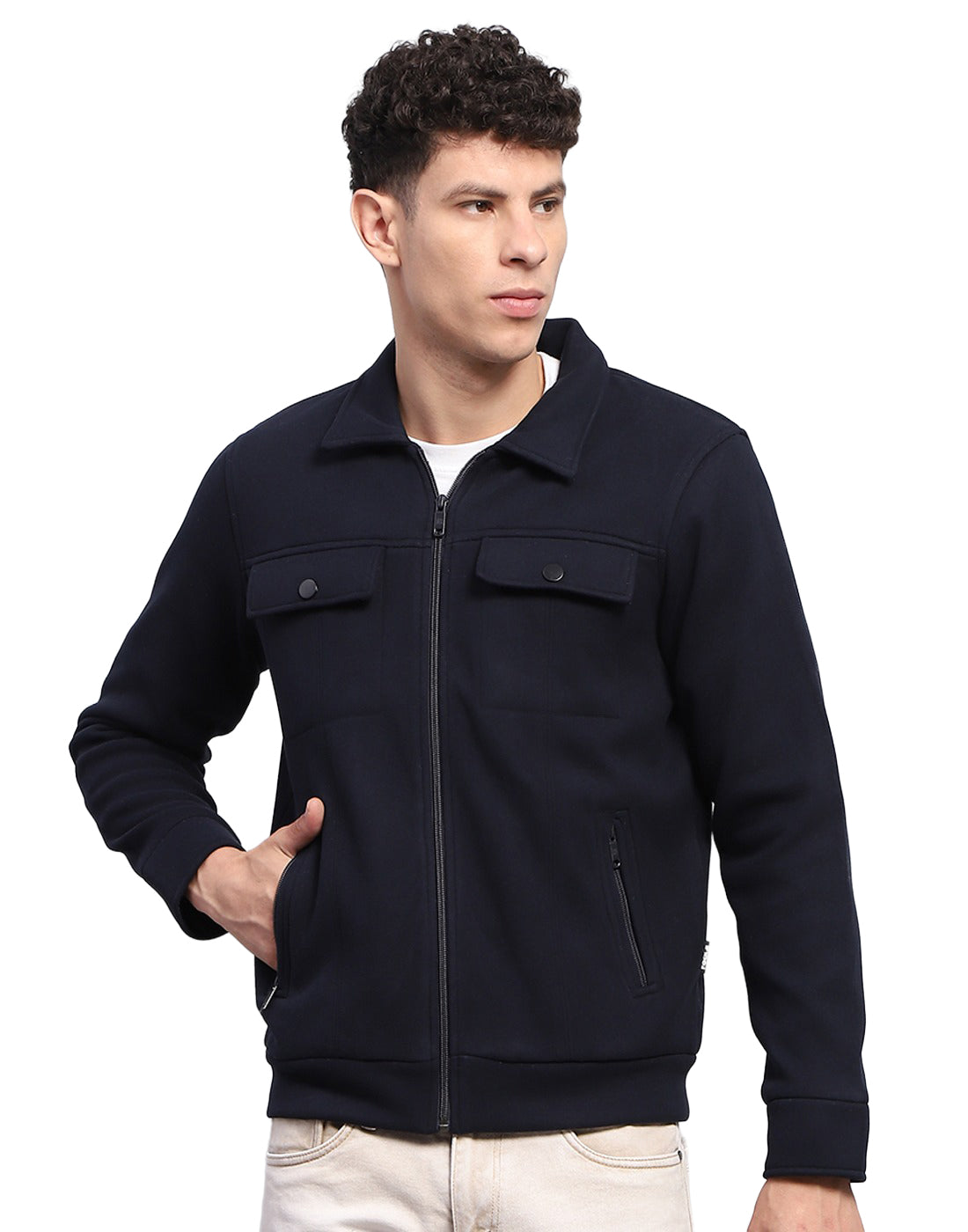 Rock.it Men Navy Blue Solid Collar Full Sleeve Knitted Jacket