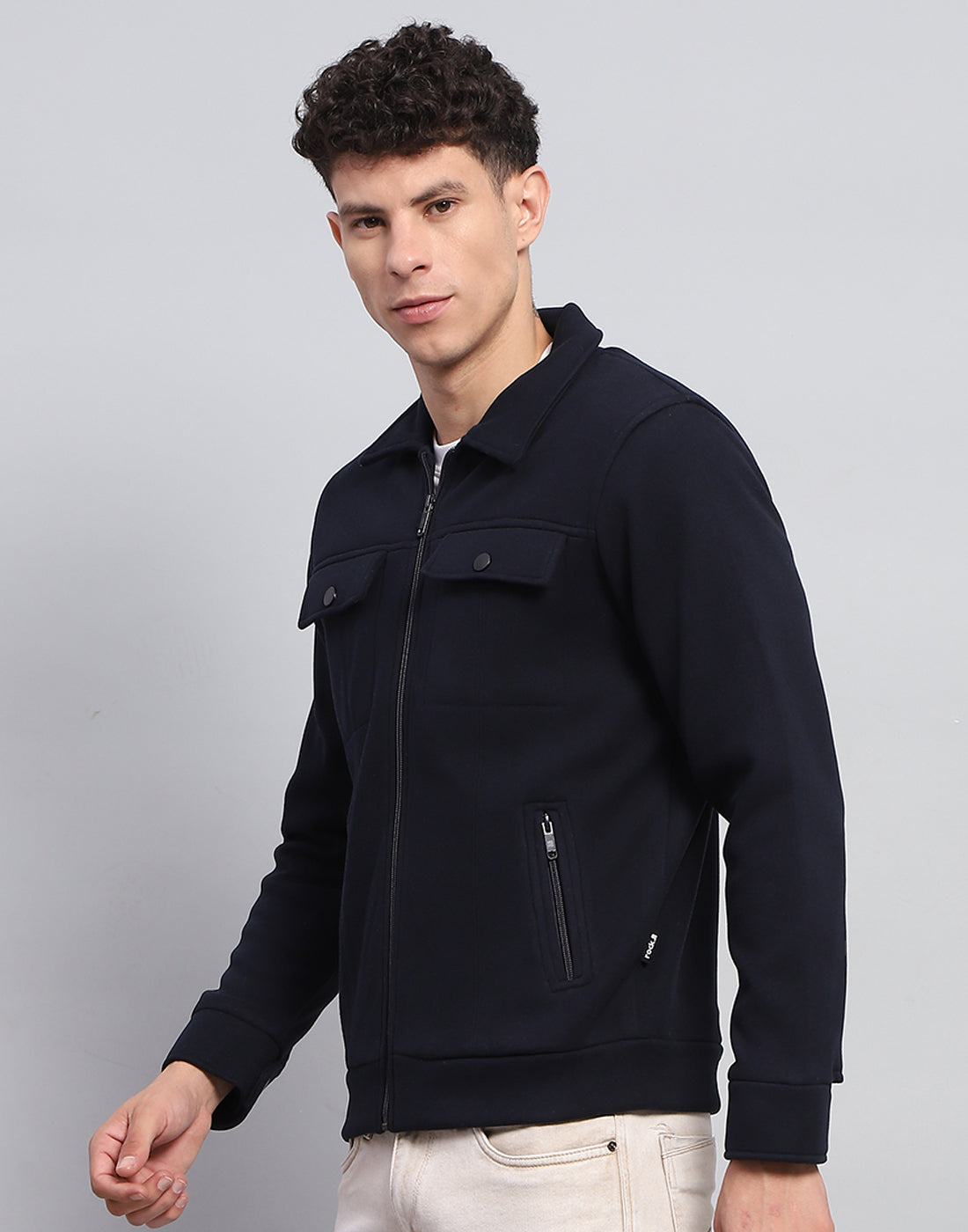 Rock.it Men Navy Blue Solid Collar Full Sleeve Knitted Jacket