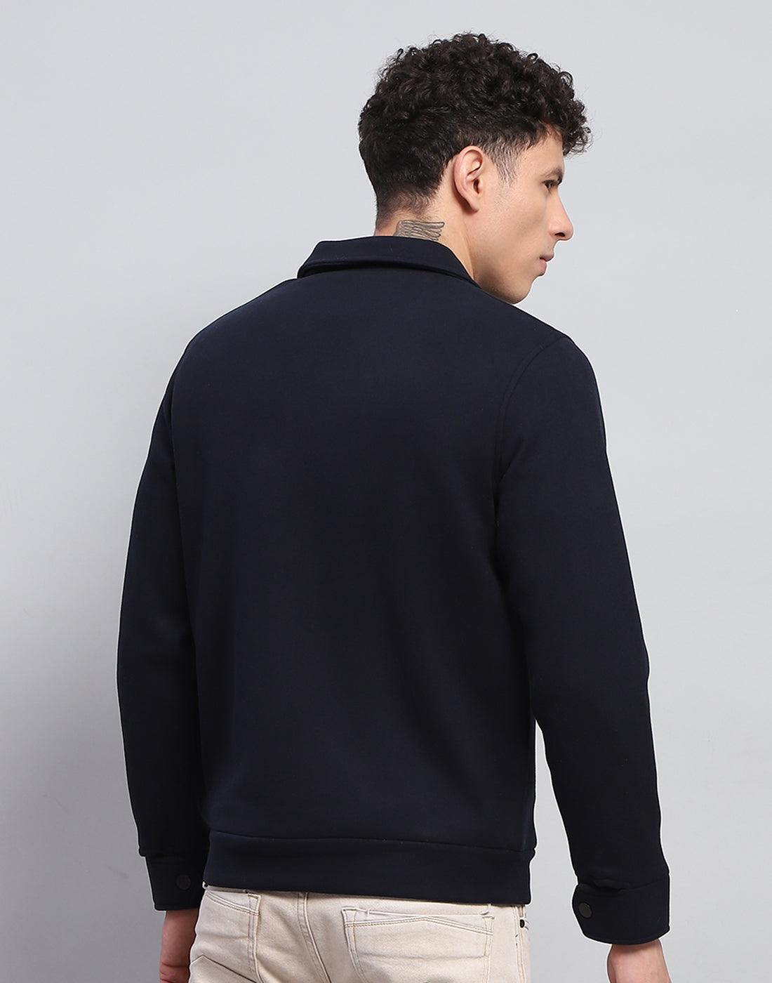 Rock.it Men Navy Blue Solid Collar Full Sleeve Knitted Jacket