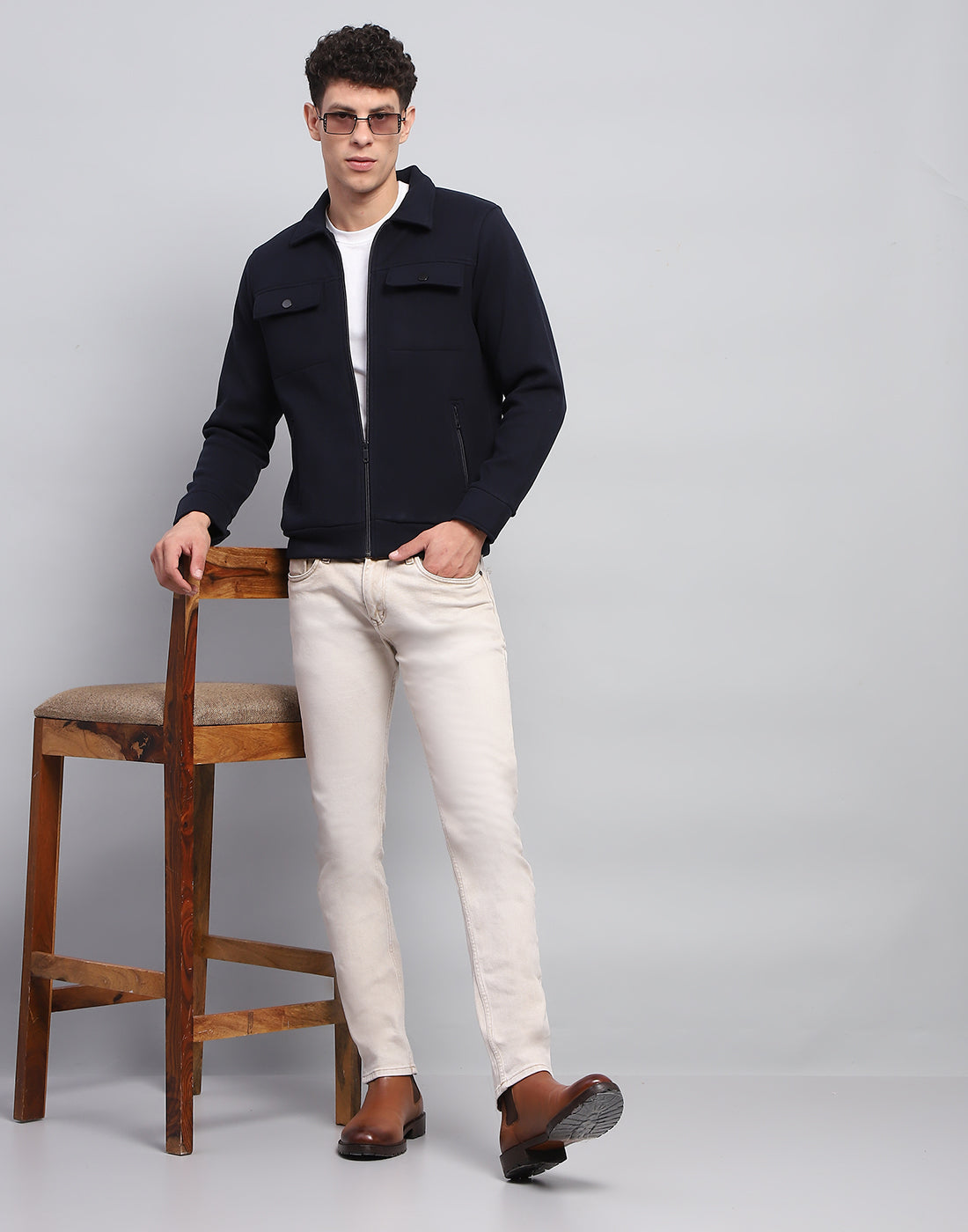 Rock.it Men Navy Blue Solid Collar Full Sleeve Knitted Jacket