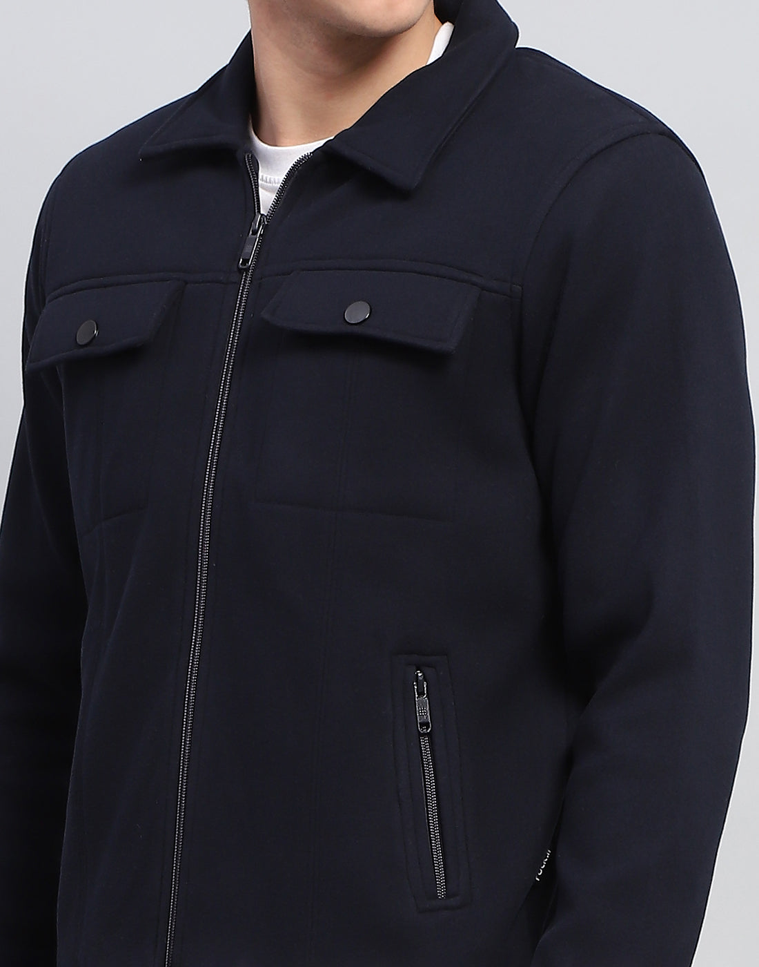 Rock.it Men Navy Blue Solid Collar Full Sleeve Knitted Jacket