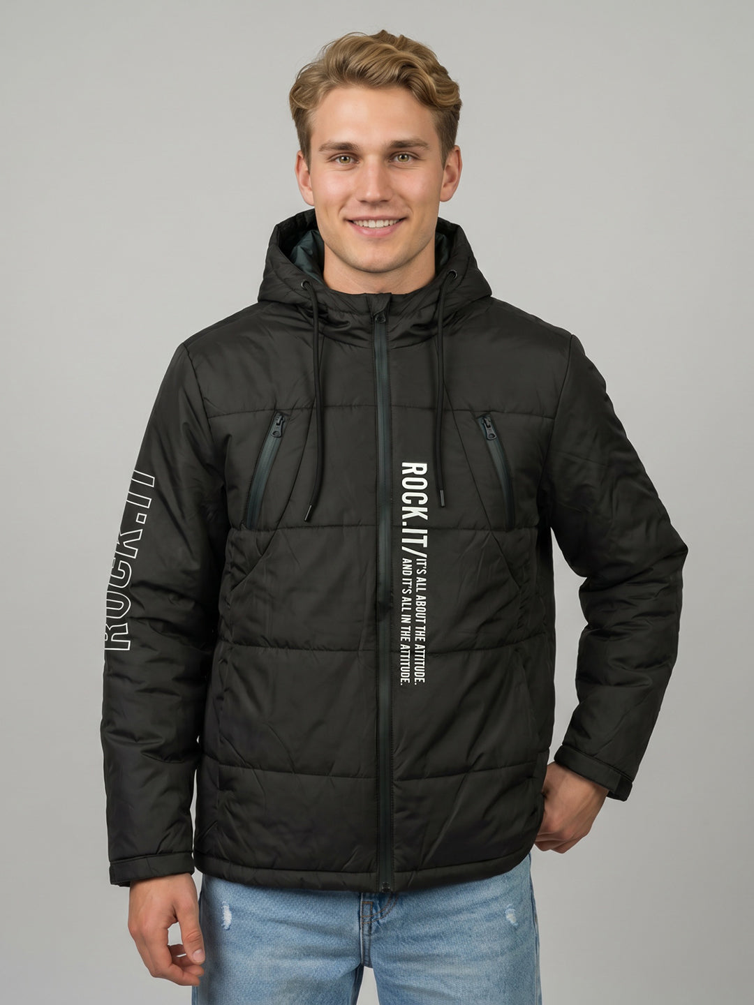 Rock.it Men Black Solid Hooded Full Sleeve Puffer Jacket