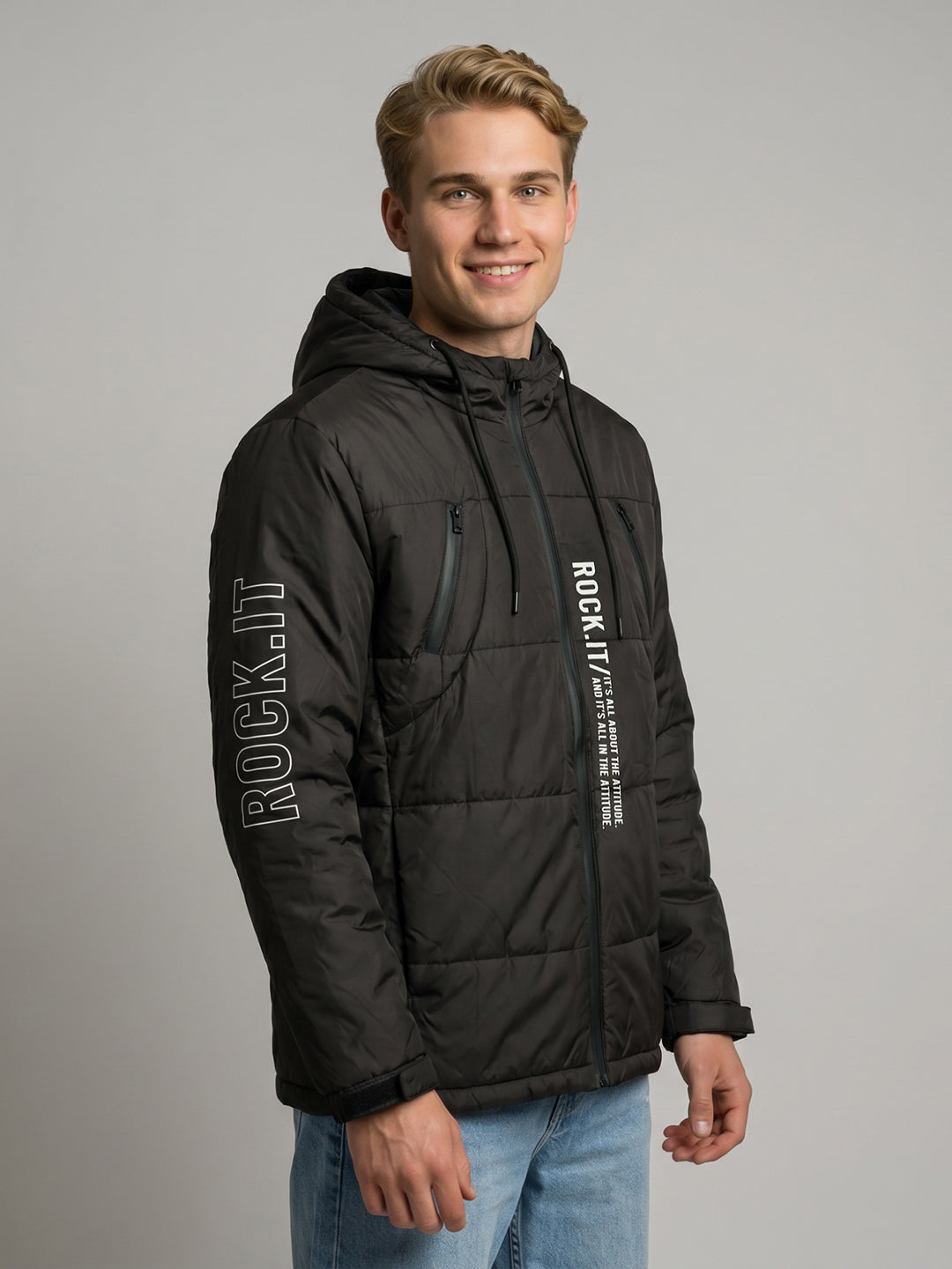 Rock.it Men Black Solid Hooded Full Sleeve Puffer Jacket
