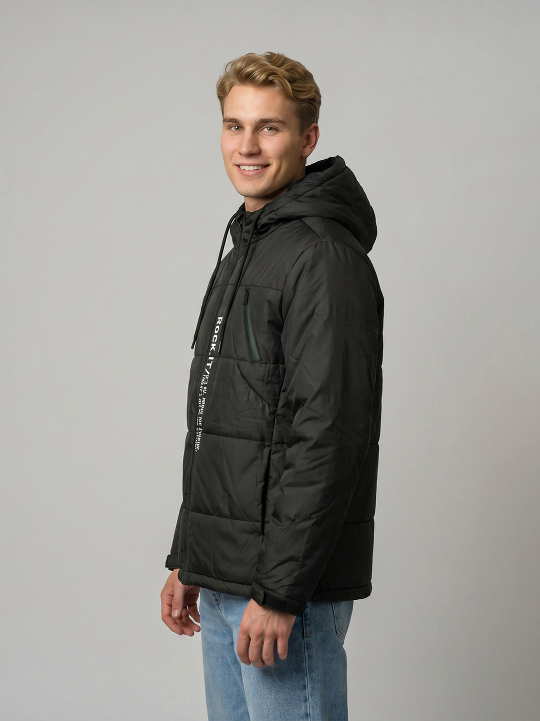 Rock.it Men Black Solid Hooded Full Sleeve Puffer Jacket