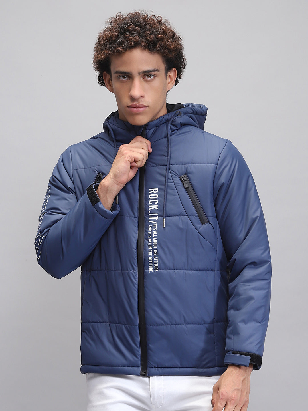 Rock.it Men Teal Blue Solid Hooded Full Sleeve Jacket