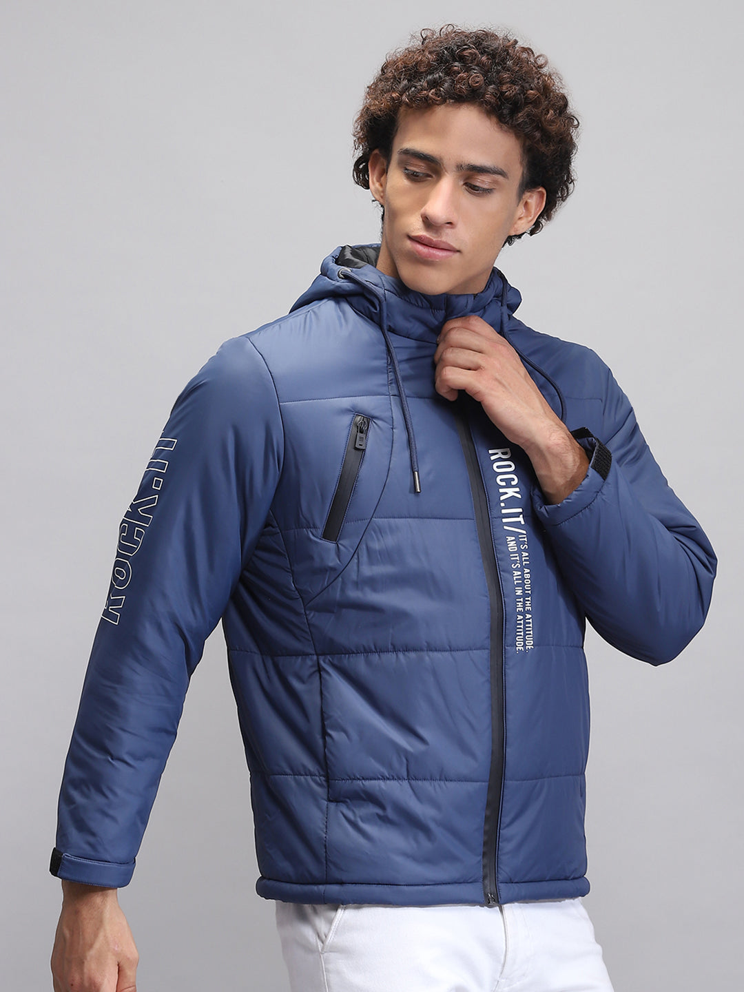 Rock.it Men Teal Blue Solid Hooded Full Sleeve Jacket