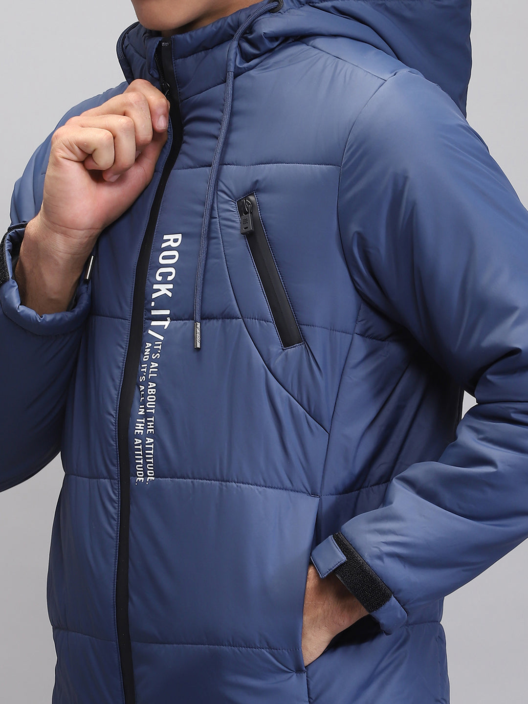 Rock.it Men Teal Blue Solid Hooded Full Sleeve Jacket