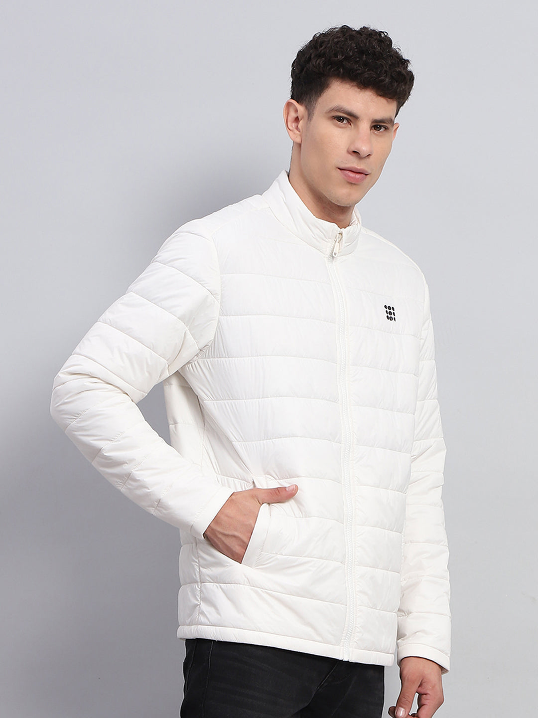 Rock.it Men White Solid Mock Neck Full Sleeve Jacket