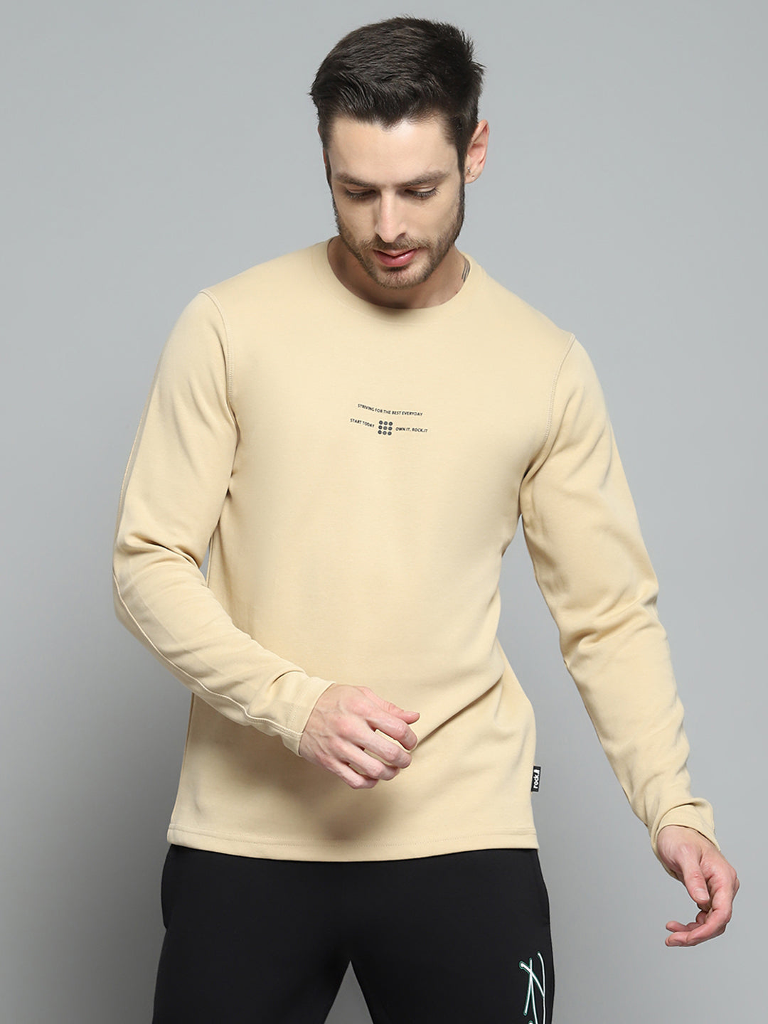 Rock.it Men Beige Printed Round Neck Full Sleeve Winter T-Shirt