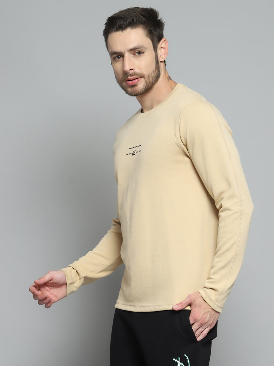 Rock.it Men Beige Printed Round Neck Full Sleeve Winter T-Shirt