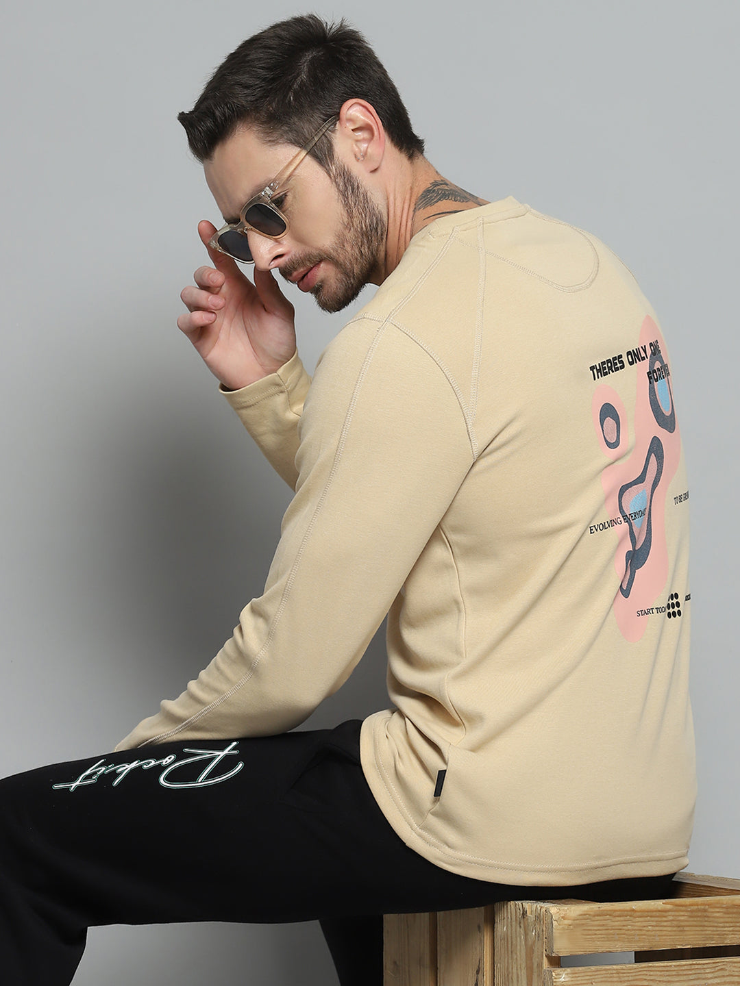 Rock.it Men Beige Printed Round Neck Full Sleeve Winter T-Shirt