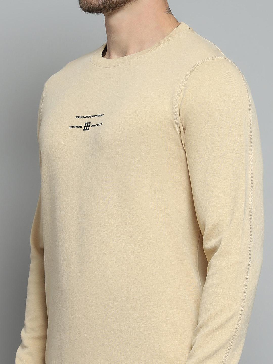 Rock.it Men Beige Printed Round Neck Full Sleeve Winter T-Shirt