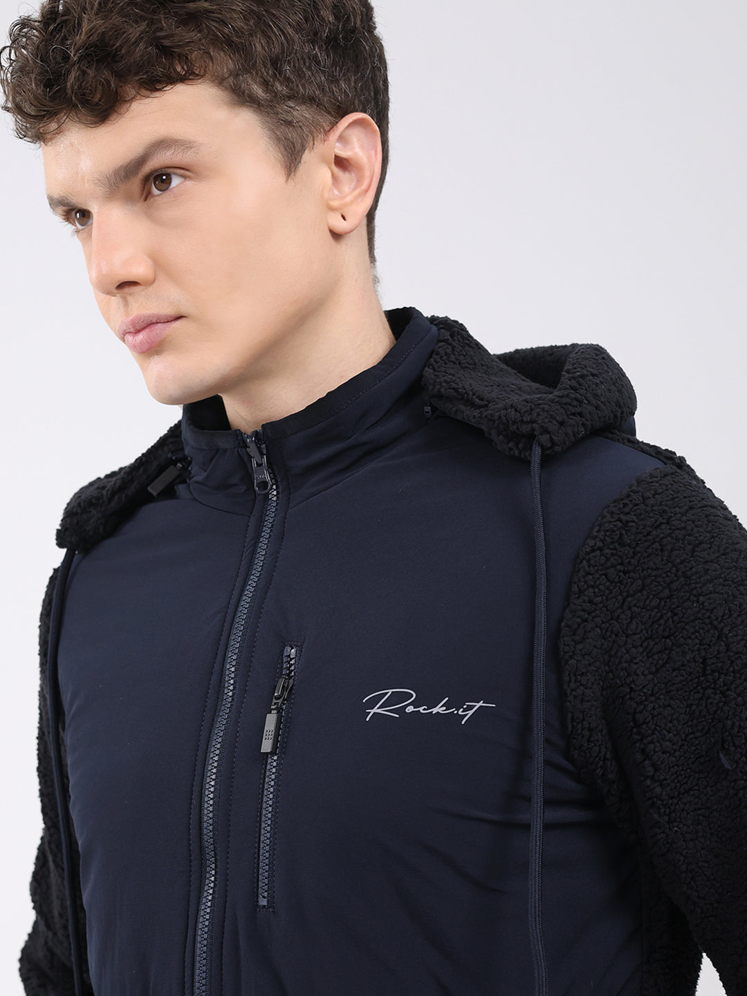 Rock.it Men Navy Blue Solid Hooded Full Sleeve Reversible Jacket