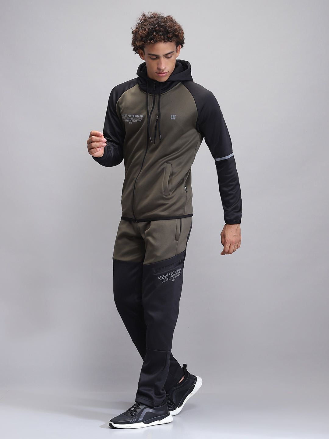 Rock.it Men Olive Printed Hooded Full Sleeve Winter Tracksuit