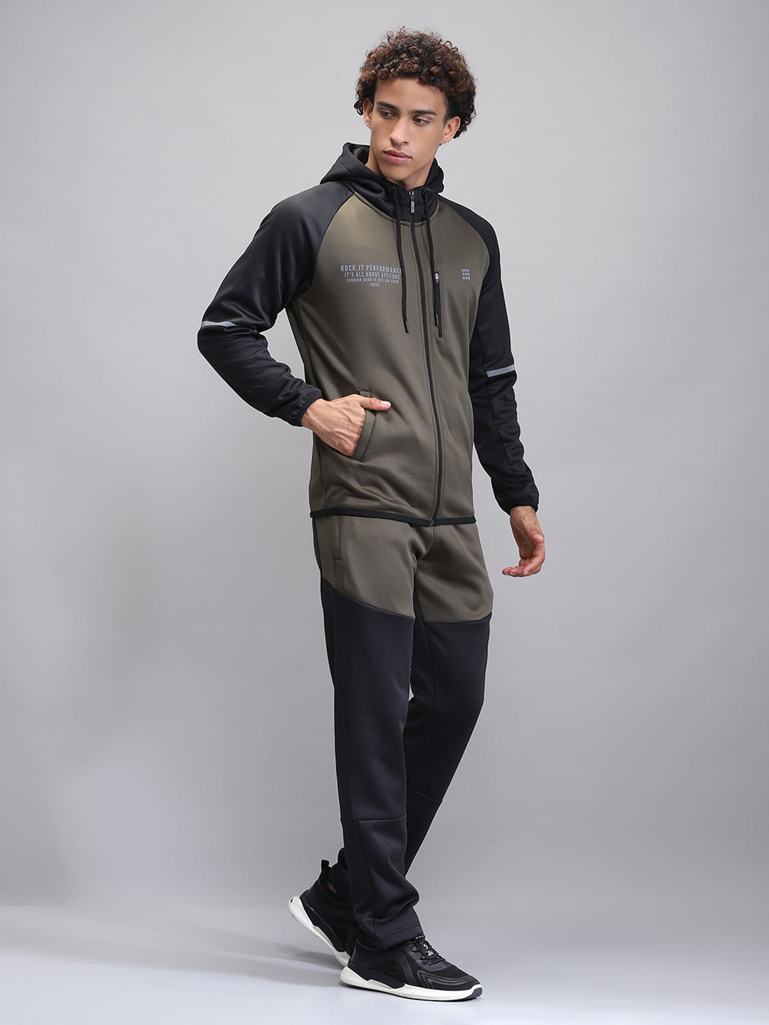 Rock.it Men Olive Printed Hooded Full Sleeve Winter Tracksuit