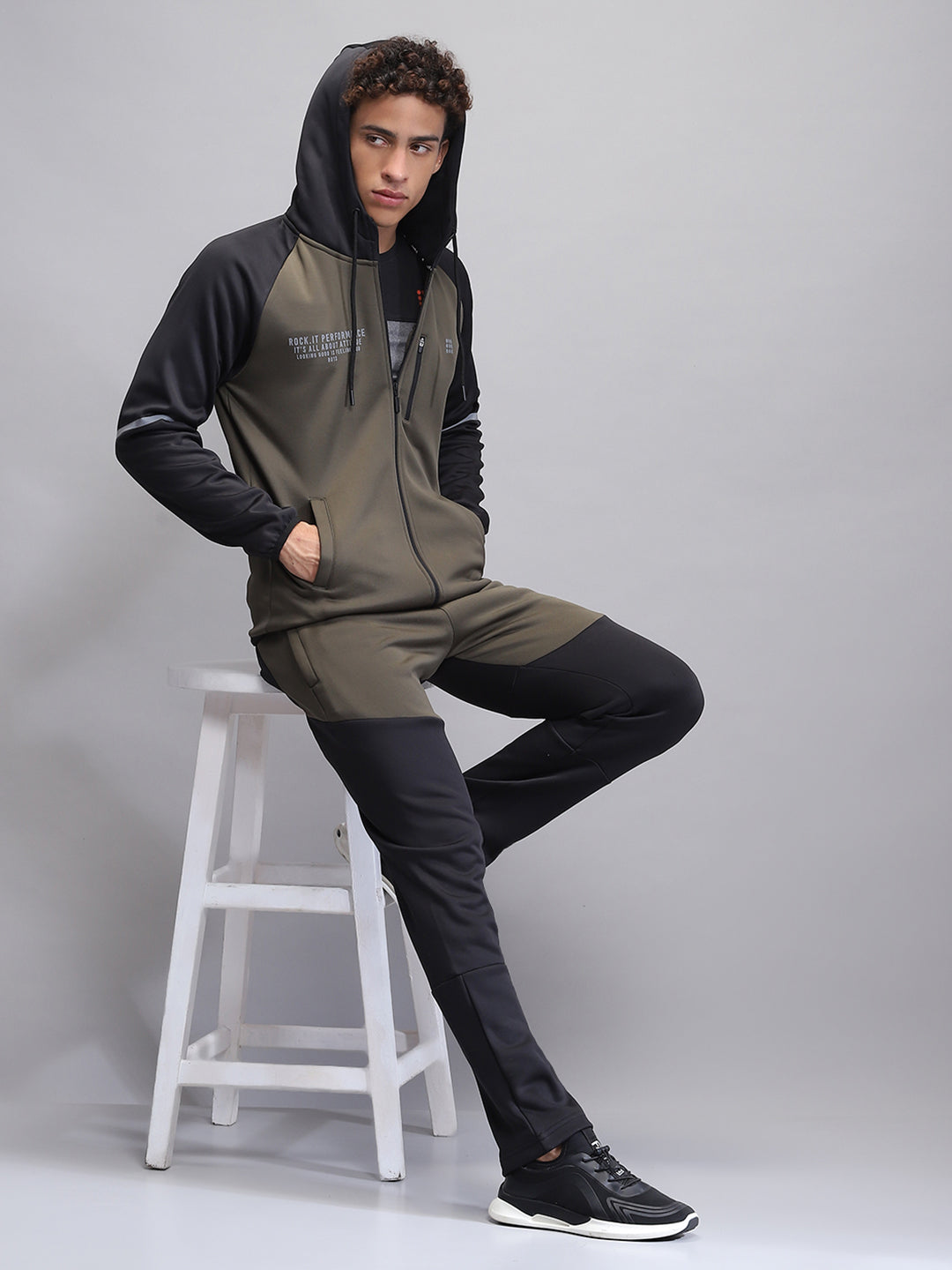 Rock.it Men Olive Printed Hooded Full Sleeve Winter Tracksuit