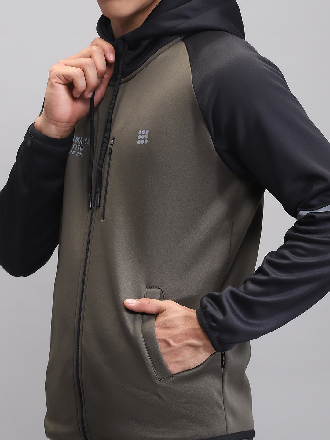 Rock.it Men Olive Printed Hooded Full Sleeve Winter Tracksuit