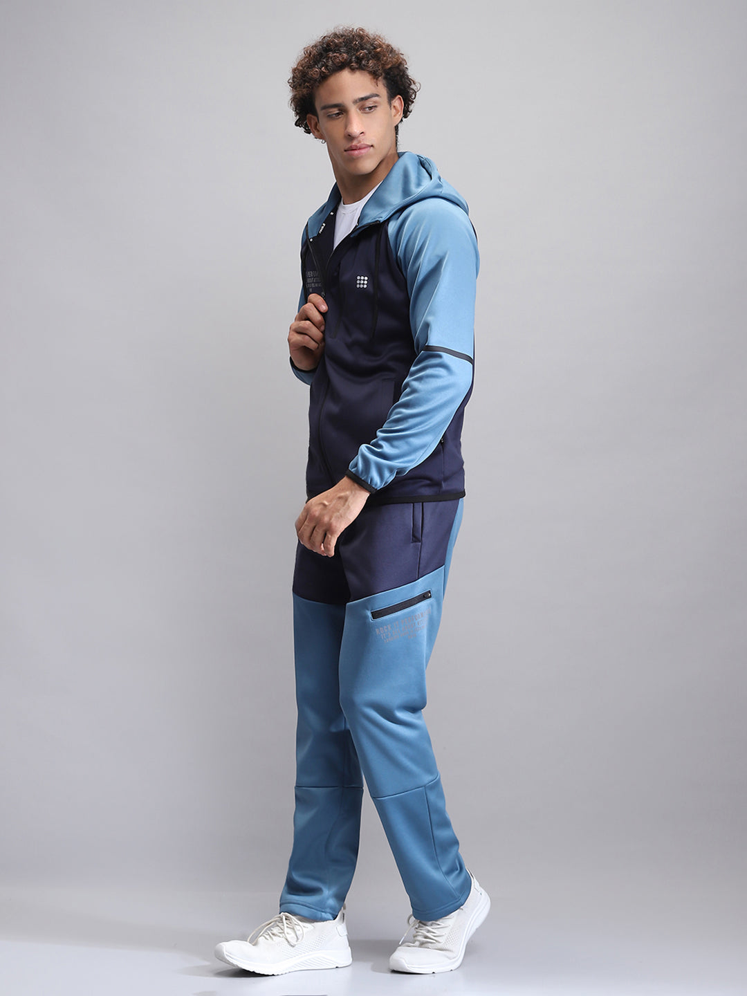 Rock.it Men Navy Blue Printed Hooded Full Sleeve Winter Tracksuit